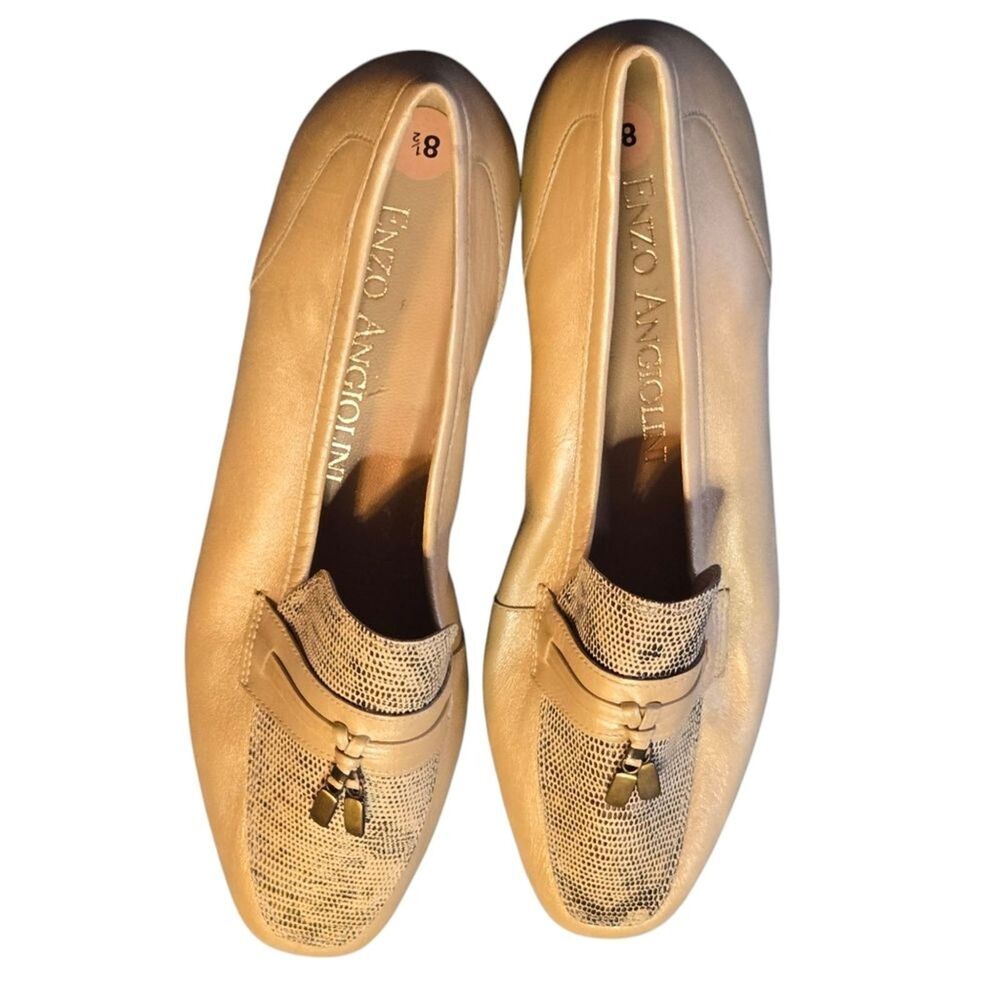 Enzo Angiolini Womens Yellow Gold Leather Snake Skin Accent Loafers Size 8.5M